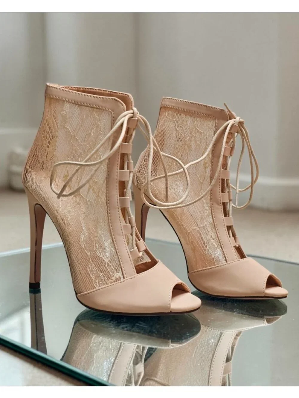 Peep Toe Lace-Up Stiletto Booties With Sheer Lace Panels Nude Beige High Heel An - Picture 2 of 12